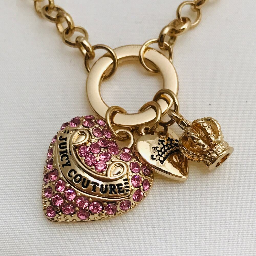 Juicy Couture Gold Tone Pink Rhinestone Heart Charm Necklace